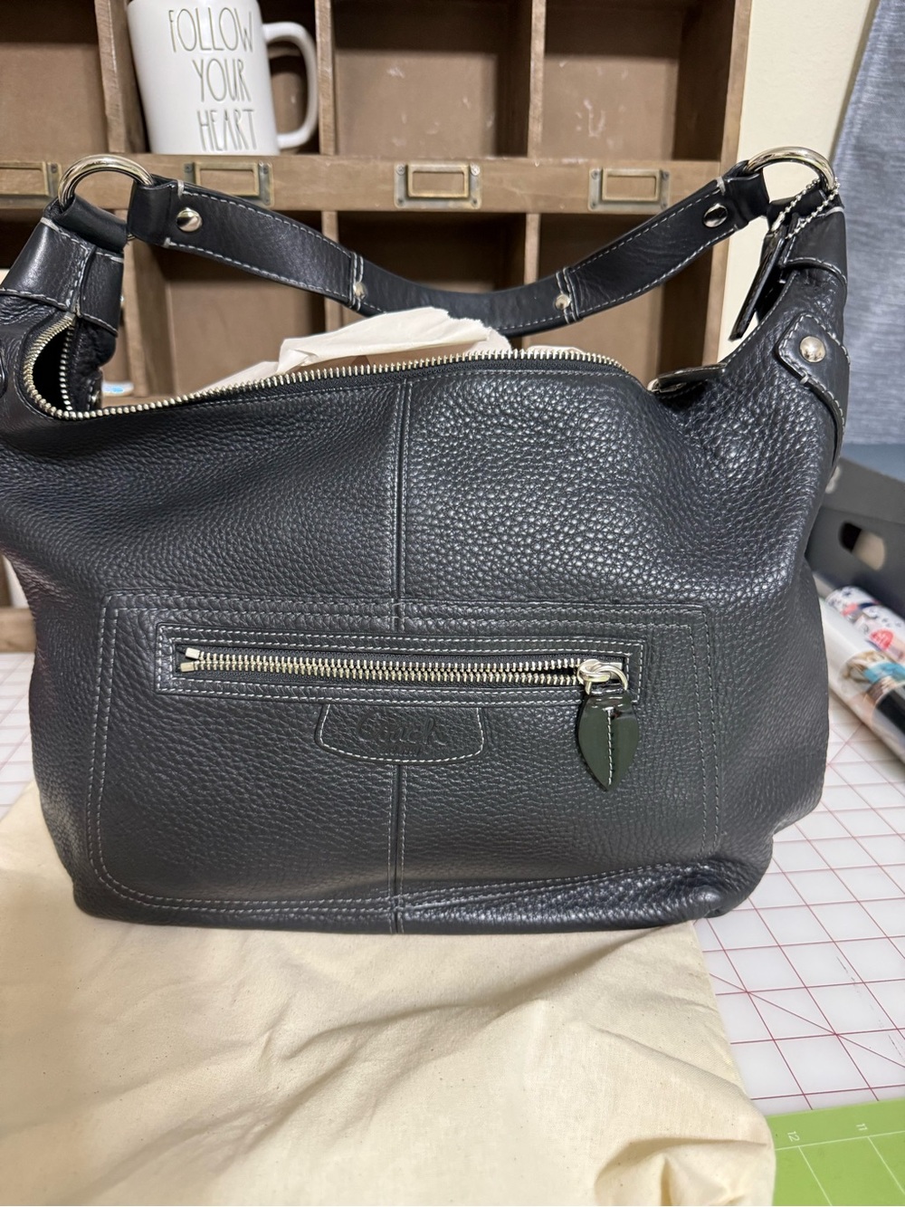 Coach Black Pebble Leather Hobo Shoulder Bag with Silver Hardware